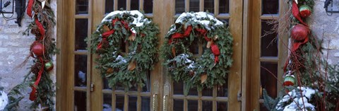 Framed Christmas Wreaths on Doors Print