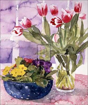 Framed Richard Akerman - Primulas and Tulips Size 10x12 Print