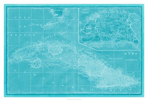 Framed Map of Cuba in Aqua Print