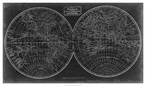 Framed Blueprint of the World in Hemispheres Print