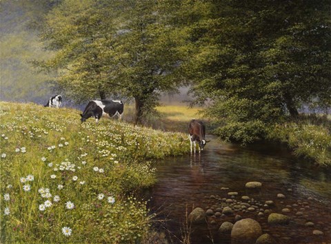 Framed Cattle By The Stream Print