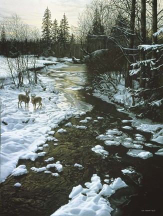 Framed Winter Creek &amp; Whitetails Print