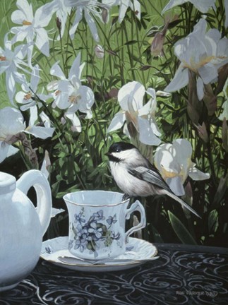 Framed Chickadee And Teacup Print