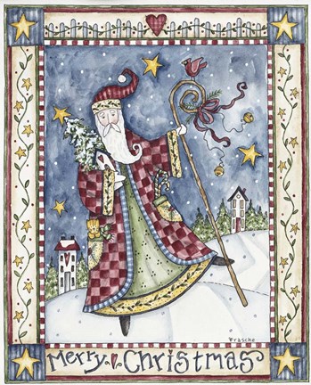 Framed Folk Santa - Merry Christmas Print