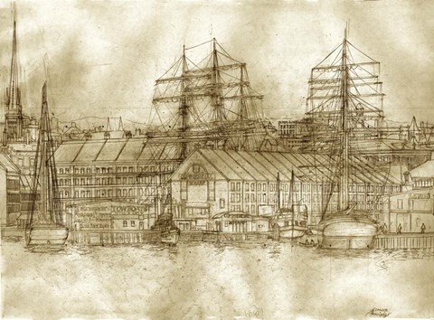 Framed Boston Harbor c. 1877 Sepia Tone Print