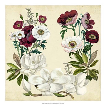 Framed Magnolia &amp; Poppy Wreath I Print
