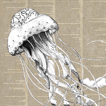 Framed Underwater Newsprint Creatures I Print