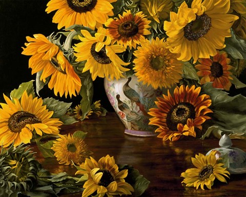 Framed Sunflowers in a White Chinese Vase Print