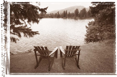 Framed Two Chairs at Waters Edge Print