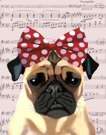 Framed Pug with Red Spotty Bow On Head Print