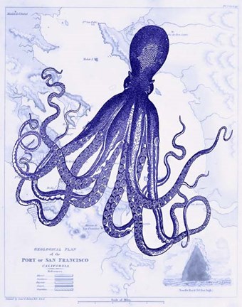 Framed Blue Octopus 1 on Nautical Map Print