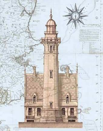 Framed Lighthouse &amp; House on Nautical Map Print