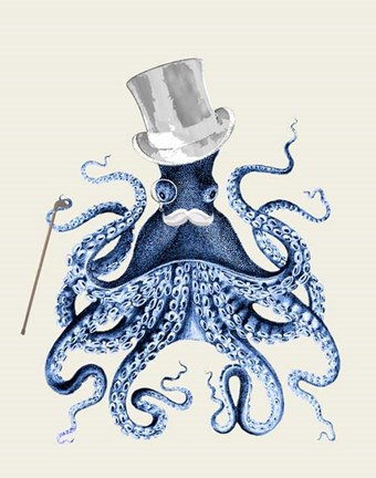 Framed Blue Octopus on Cream b Print