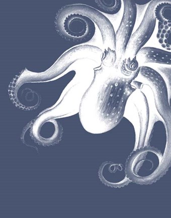 Framed White Octopus on Indigo Blue f Print