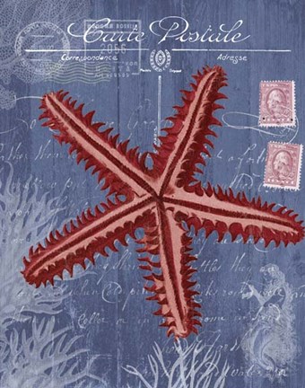 Framed Seaside Postcard Red on Blue a Print