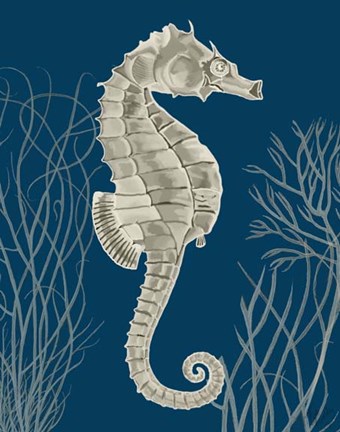 Framed Silver Grey Seahorses on Blue a Print