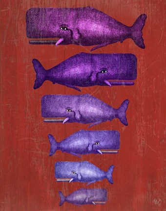 Framed Whale Family Purple on Red Print