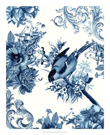 Framed Bird &amp; Branch in Indigo I Print