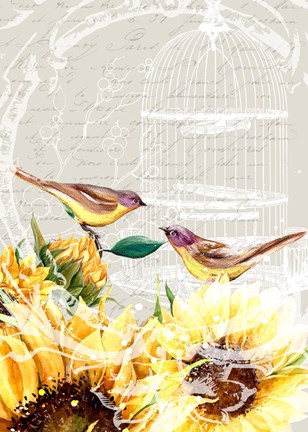 Framed Sunflower Birds I Print
