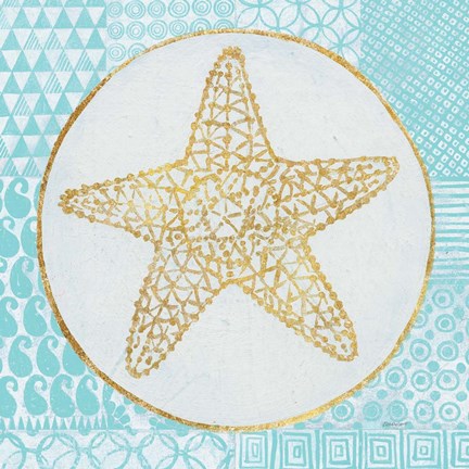 Framed Summer Shells IV Teal and Gold Print