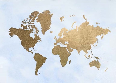 Framed Large Gold Foil World Map on Blue - Metallic Foil Print