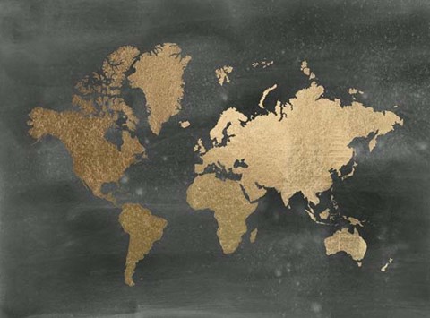 Framed Gold Foil World Map on Black - Metallic Foil Print