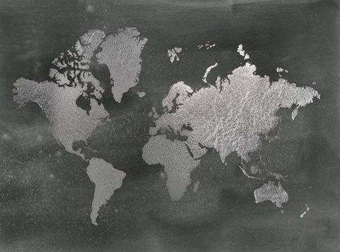 Framed Large Silver Foil World Map on Black - Metallic Foil Print