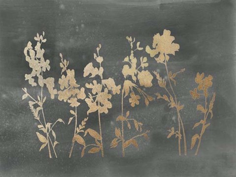 Framed Gold Foil Flower Field on Black - Metallic Foil Print