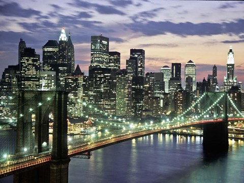 Framed Brookyn Bridge and Downtown skyline, NYC Print