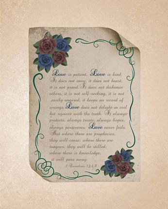 Framed Corinthians 13:4-8 Love is Patient - Rose Border Beige Print