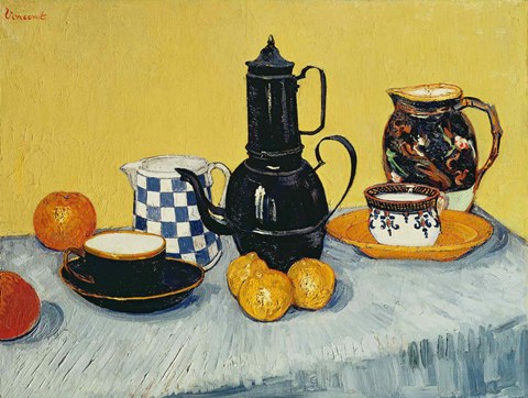 Framed Still Life with Blue Enamel Coffeepot, Earthenware and Fruit Print