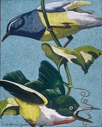 Framed Colorful Birds on Vine Print