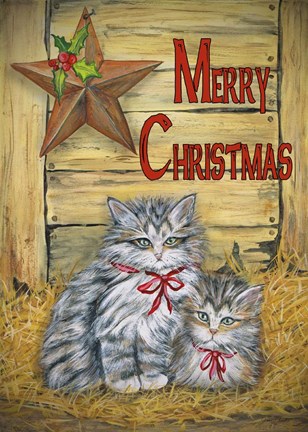 Framed Cats in Barn - Merry Christmas Print