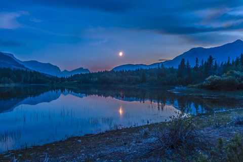 Framed Crescent moon over Middle Lake in Bow Valley, Alberta, Canada Print