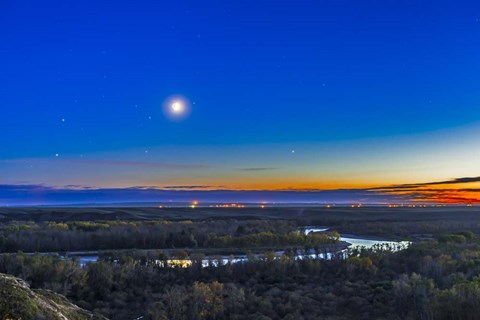 Framed Moon with Antares, Mars and Saturn over Bow River in Alberta, Canada Print