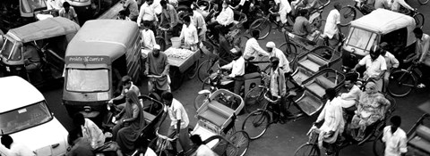 Framed High angle view of traffic on the street, Old Delhi, Delhi, India BW Print