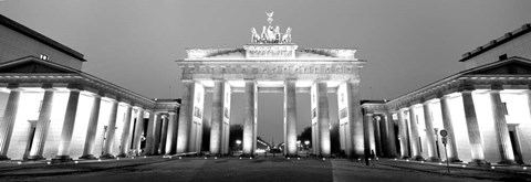 Framed Low angle view of a gate lit up at dusk, Brandenburg Gate, Berlin, Germany BW Print