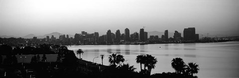 Framed Silhouette of buildings at the waterfront, San Diego, San Diego Bay, California Print