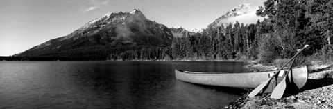 Framed Canoe in lake in front of mountains, Leigh Lake, Rockchuck Peak, Teton Range, Wyoming Print