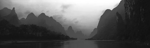 Framed River passing through a hill range, Guilin Hills, Li River, Yangshuo, China BW Print