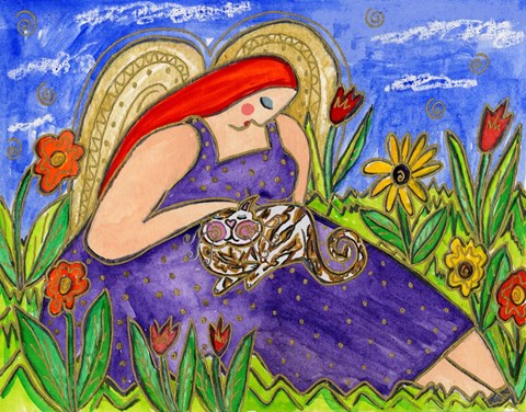 Framed Big Diva Angel Comforting Kitty Cat Print