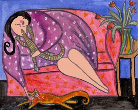 Framed Big Diva Lounging With Lizard &amp; Kitty Print