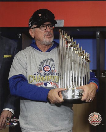 Framed Joe Maddon with the World Series Championship Trophy Game 7 of the 2016 World Series Print