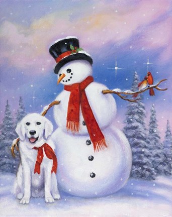 Framed Snowman and Dog Print