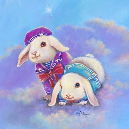 Framed Two Lop Eared Bunnies Mouse and Two Bunnies in Clouds I Print