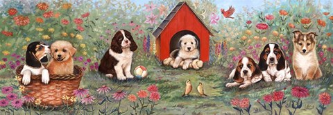 Framed Puppies And Doghouse Border Print