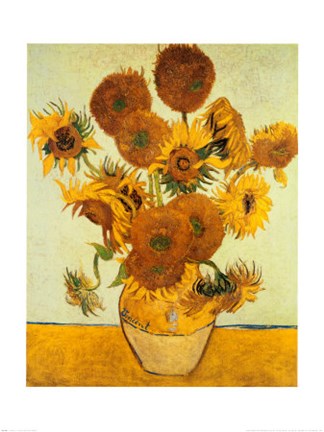Framed Vase with Fifteen Sunflowers, c.1888 Print
