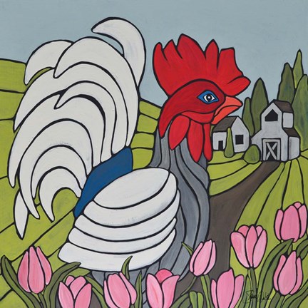 Framed Rooster in the Tulip Garden Print