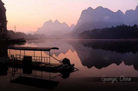 Framed Vintage Boat on River in Guangxi Province, China, Asia Print