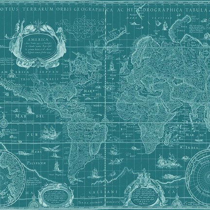 Framed Blueprint World Map, teal Print